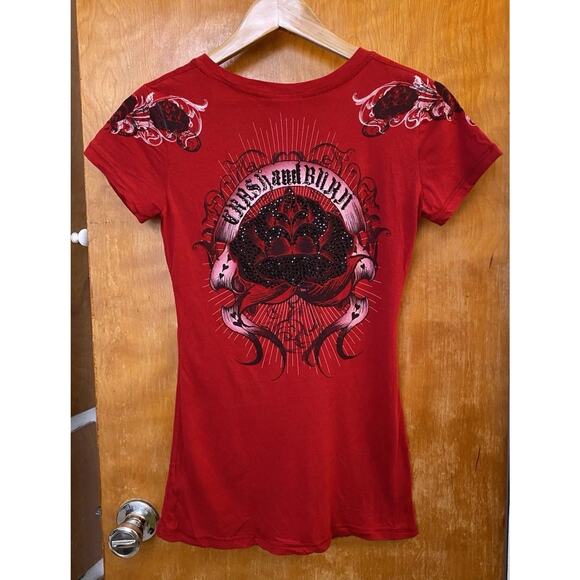 Vintage Y2K Crash And Burn Emo Mcbling Tattoo Alt Studded Mall Punk T Shirt Sz S - Picture 2 of 8